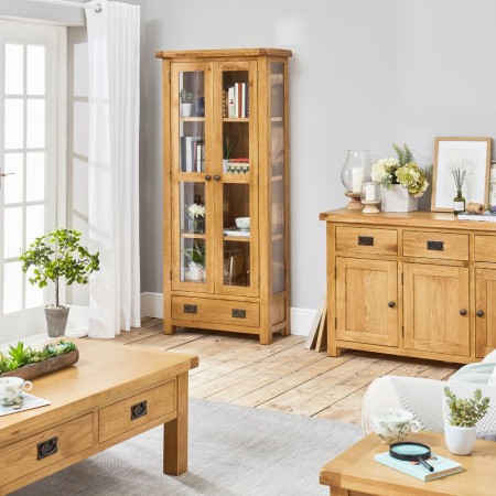 Rustic Oak - 90cm : Kệ 2 Cánh Kính Gỗ Sồi + 2 Ngăn Kéo
